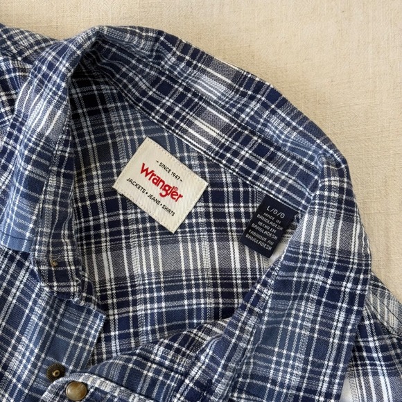 Wrangler Mens Blue Plaid Pearl Snap Western Work Shirt Large - Picture 3 of 11